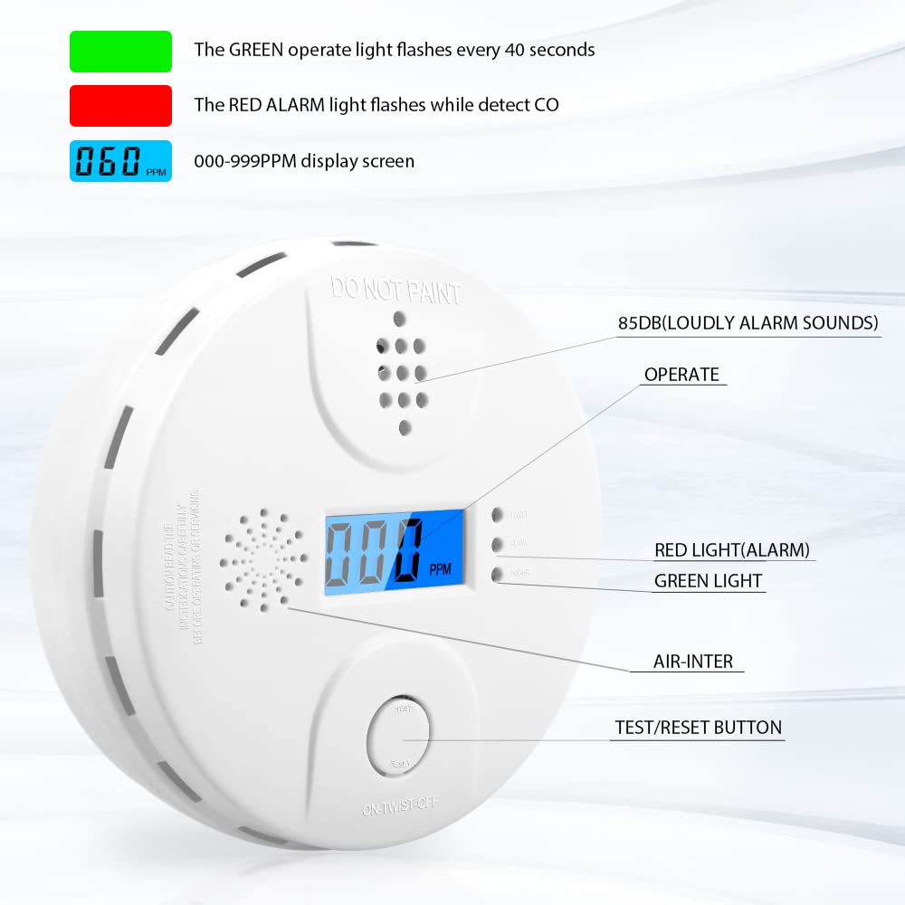 Carbon Monoxide Detector,CO Alarm Detector with Digital Display and Sound Alarm for Home 2pcs