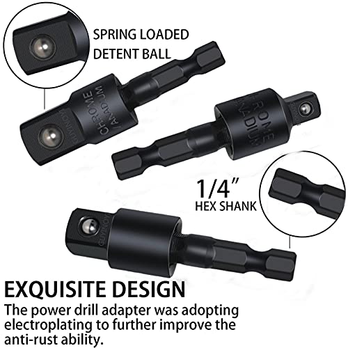 Impact Grade Driver Sockets Adapter Extension Set Drill Bit 3Pcs 1/4 3/8 1/2" 360°Rotatable Universal Socket Adapter Set+Right Angle Drill 105°Right Angle Screwdriver set Drill Hex Bit Socket Adapte