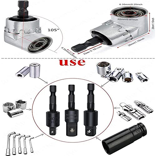 Impact Grade Driver Sockets Adapter Extension Set Drill Bit 3Pcs 1/4 3/8 1/2" 360°Rotatable Universal Socket Adapter Set+Right Angle Drill 105°Right Angle Screwdriver set Drill Hex Bit Socket Adapte