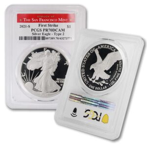 2021 s 1 oz proof american silver eagle pr-70 deep cameo (pr70dcam - type 2 - first strike - struck at the san francisco mint) $1 mint state pcgs