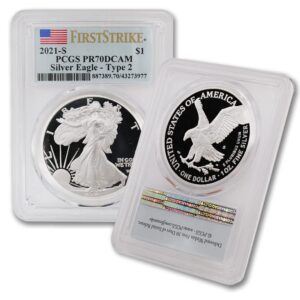 2021 s 1 oz proof american silver eagle coin pr-70 deep cameo (first strike - type 2 - flag label) $1 pr70dcam pcgs
