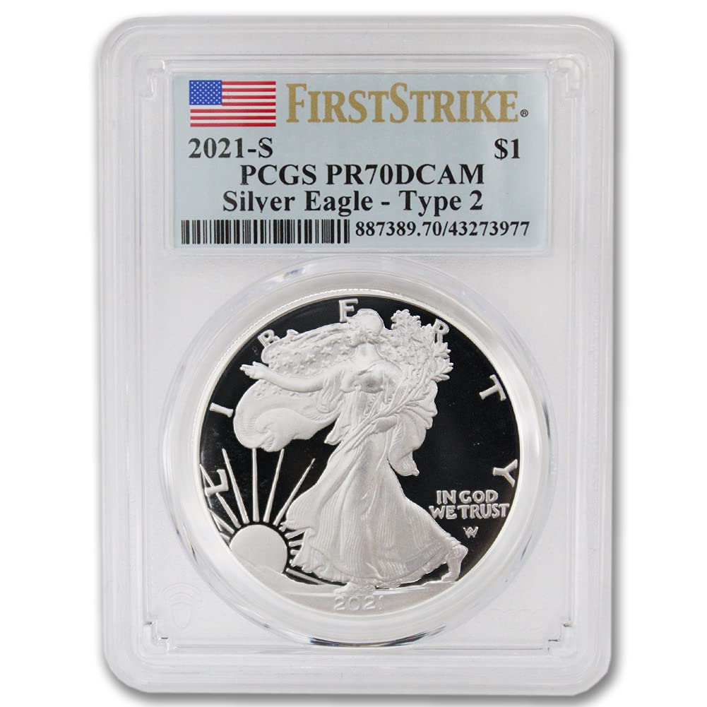 2021 S 1 oz Proof American Silver Eagle Coin PR-70 Deep Cameo (First Strike - Type 2 - Flag Label) $1 PR70DCAM PCGS