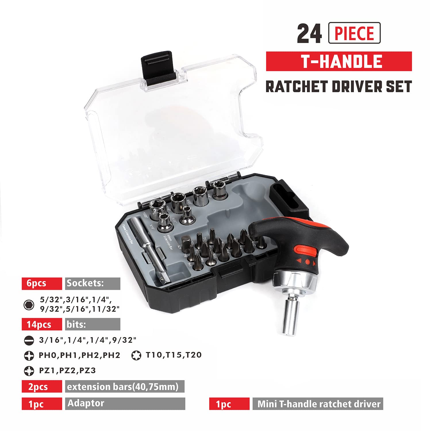 Ratcheting Muti Screwdriver Bits Sockets Set Mini Magnetic Racheting T-handle Torx Slotted Phillips Square Screwdriver Set Tools Set 24-piece with portable case for home dorm