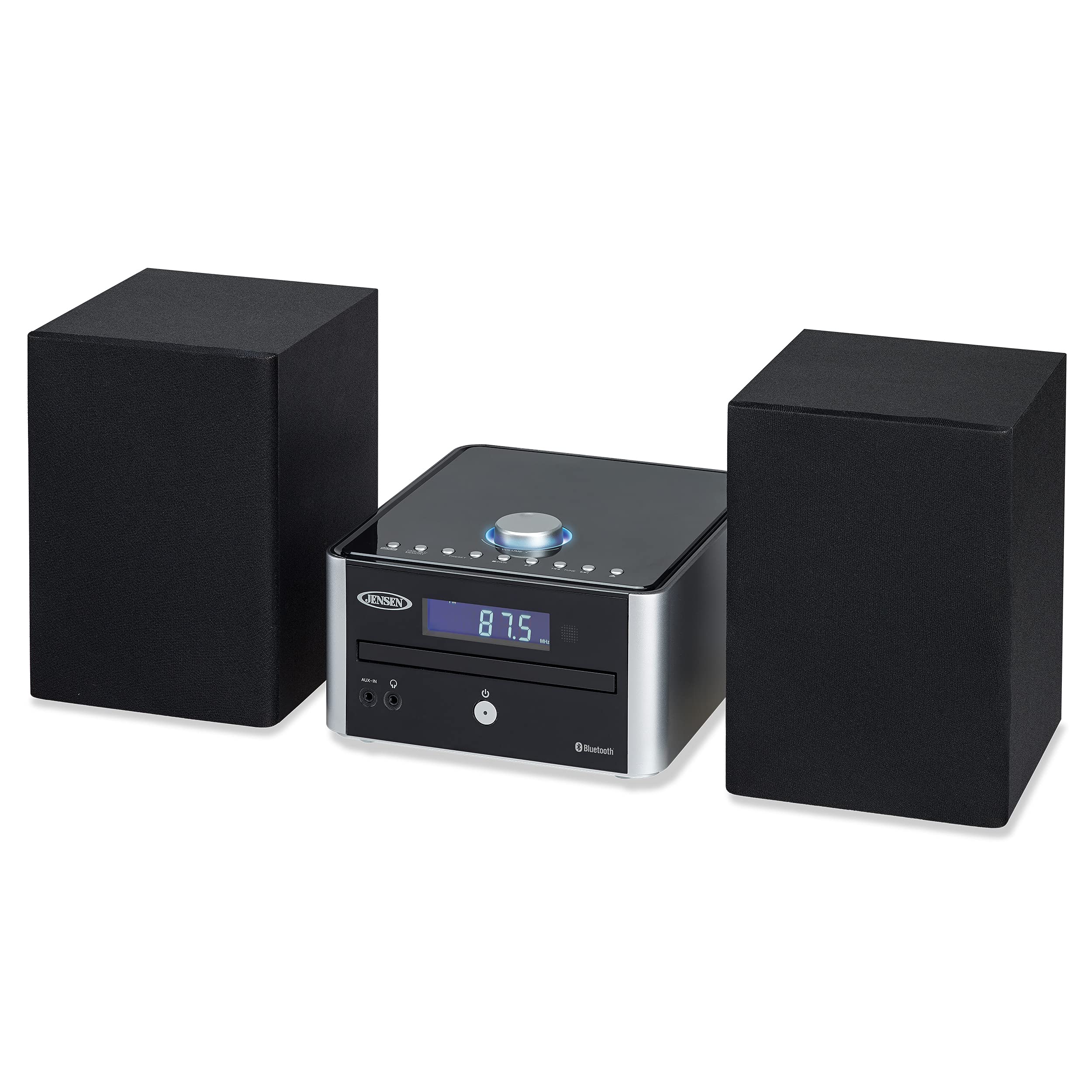 Jensen JBS-210 3-Piece Modern Compact Bluetooth Stereo Shelf System, CD Player, Digital AM/FM Stereo with Speakers, Aux-in, & Remote Control Included (Black/Silver)