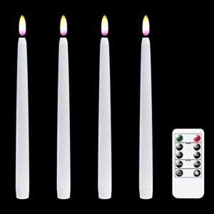 wondise flameless flickering taper candles with remote and timer, 11 inch battery operated real wax 3d flame white window candle for christmas home decoration, set of 4(d0.78 inch x h11 inch)