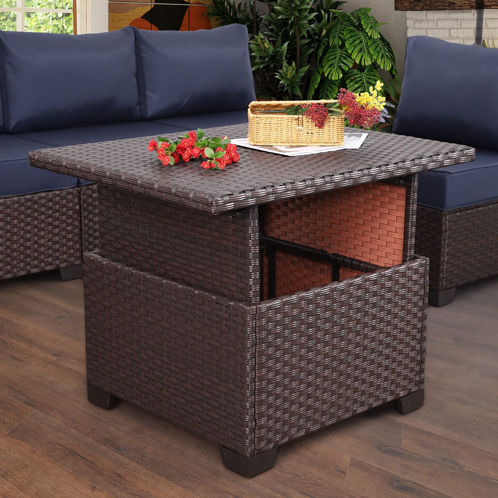 Patio Rattan Coffee Table with Hidden Storage, Wicker Liftable Dinning Table, Versatile Piece of Outdoor Furniture, Grey