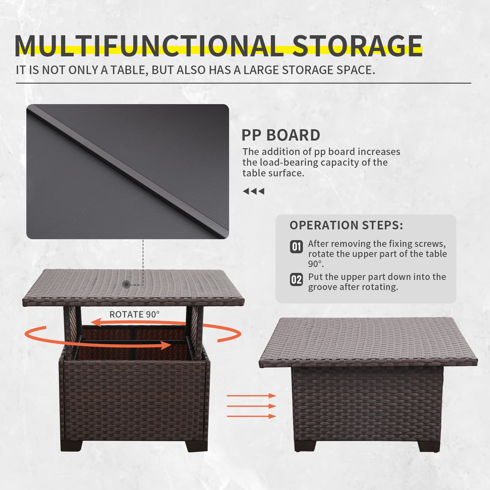 Patio Rattan Coffee Table with Hidden Storage, Wicker Liftable Dinning Table, Versatile Piece of Outdoor Furniture, Grey