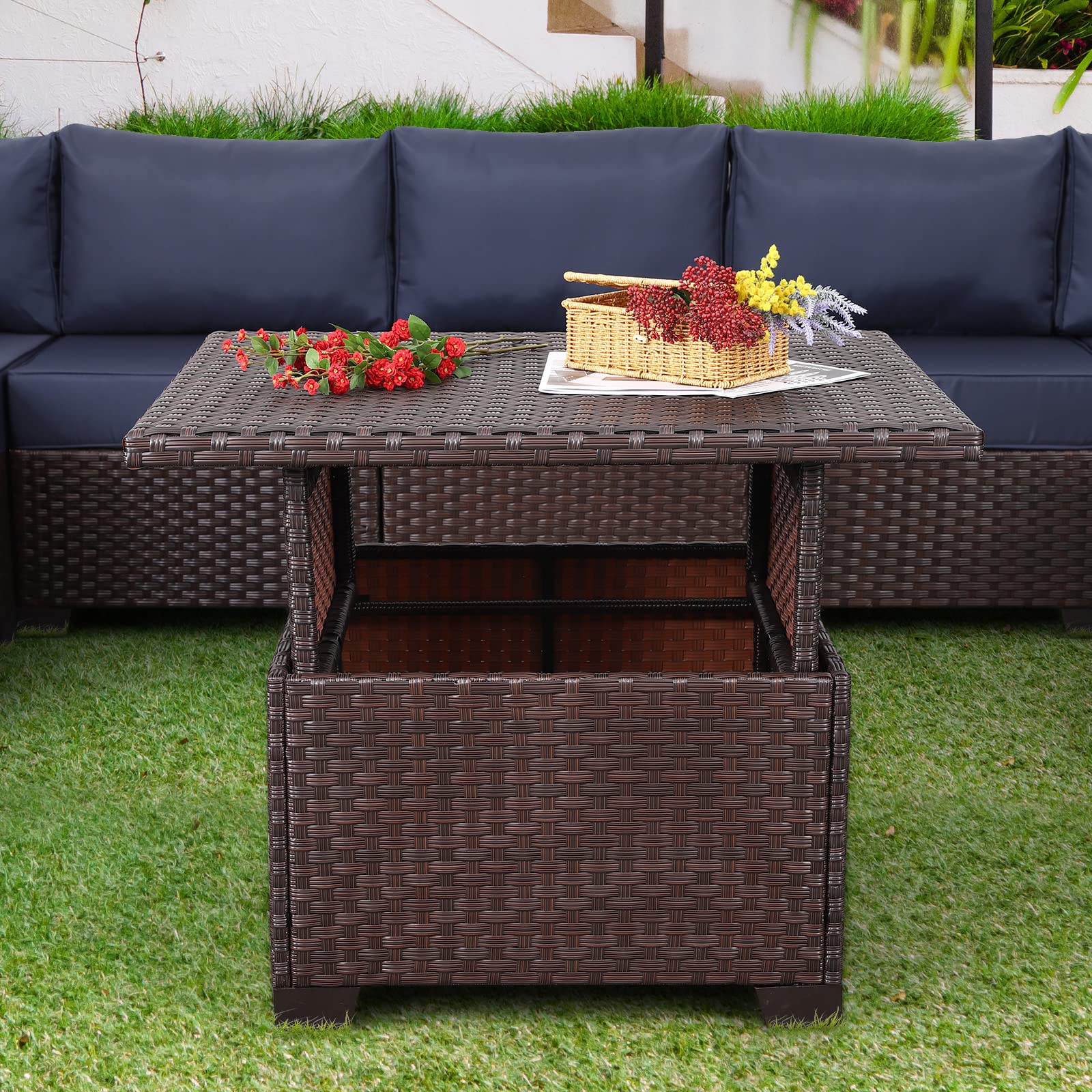 Patio Rattan Coffee Table with Hidden Storage, Wicker Liftable Dinning Table, Versatile Piece of Outdoor Furniture, Grey