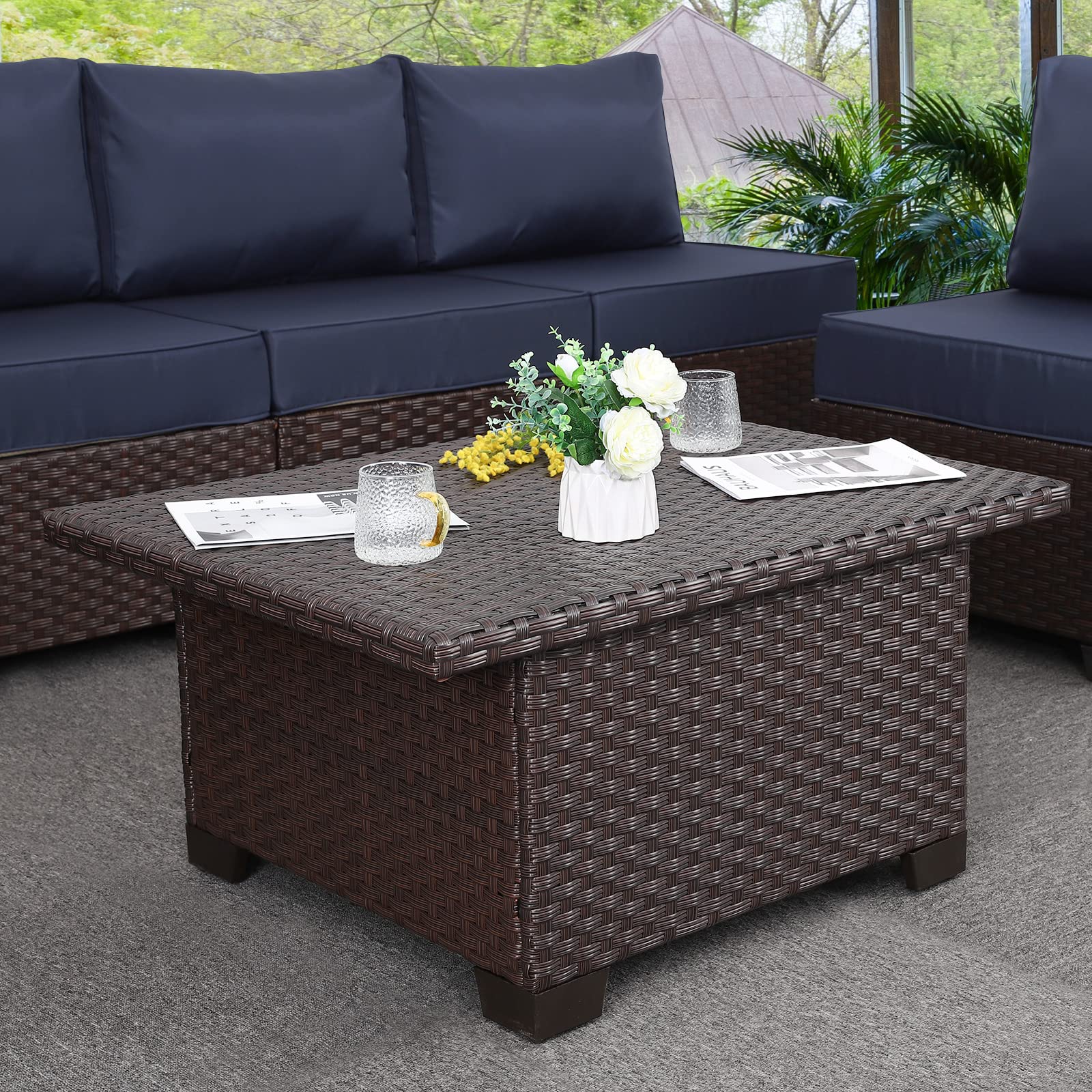 Patio Rattan Coffee Table with Hidden Storage, Wicker Liftable Dinning Table, Versatile Piece of Outdoor Furniture, Grey