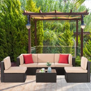 shintenchi 6 pieces patio furniture sets outdoor all-weather sectional patio sofa set pe rattan manual weaving wicker patio conversation set with glass table&ottoman cushion and red pillows, neutral