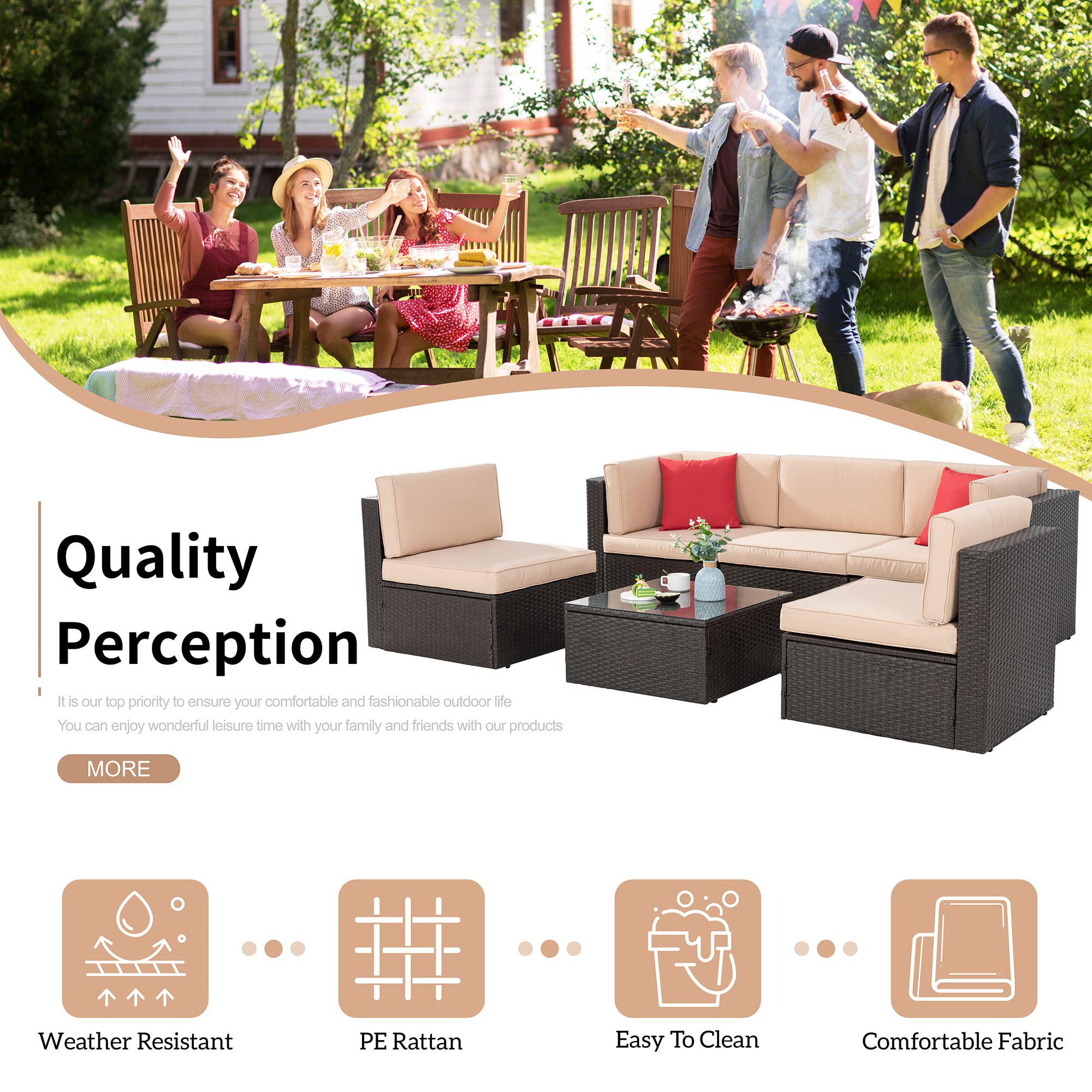Shintenchi 6 Pieces Patio Furniture Sets Outdoor All-Weather Sectional Patio Sofa Set PE Rattan Manual Weaving Wicker Patio Conversation Set with Glass Table&Ottoman Cushion and Red Pillows, neutral