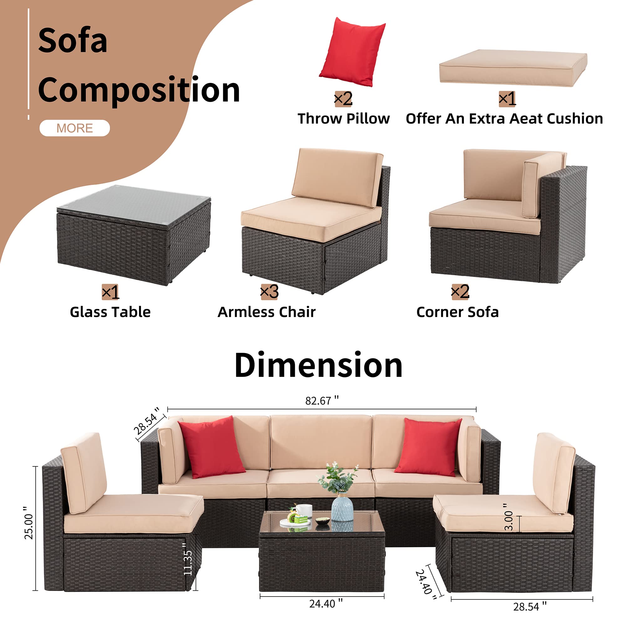 Shintenchi 6 Pieces Patio Furniture Sets Outdoor All-Weather Sectional Patio Sofa Set PE Rattan Manual Weaving Wicker Patio Conversation Set with Glass Table&Ottoman Cushion and Red Pillows, neutral