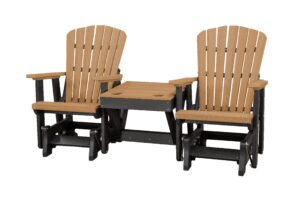 dutchcrafters slat fan back double poly adirondack glider outdoor patio chairs with center table (black & cedar)