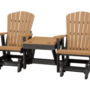 DutchCrafters Slat Fan Back Double Poly Adirondack Glider Outdoor Patio Chairs with Center Table (Black & Cedar)