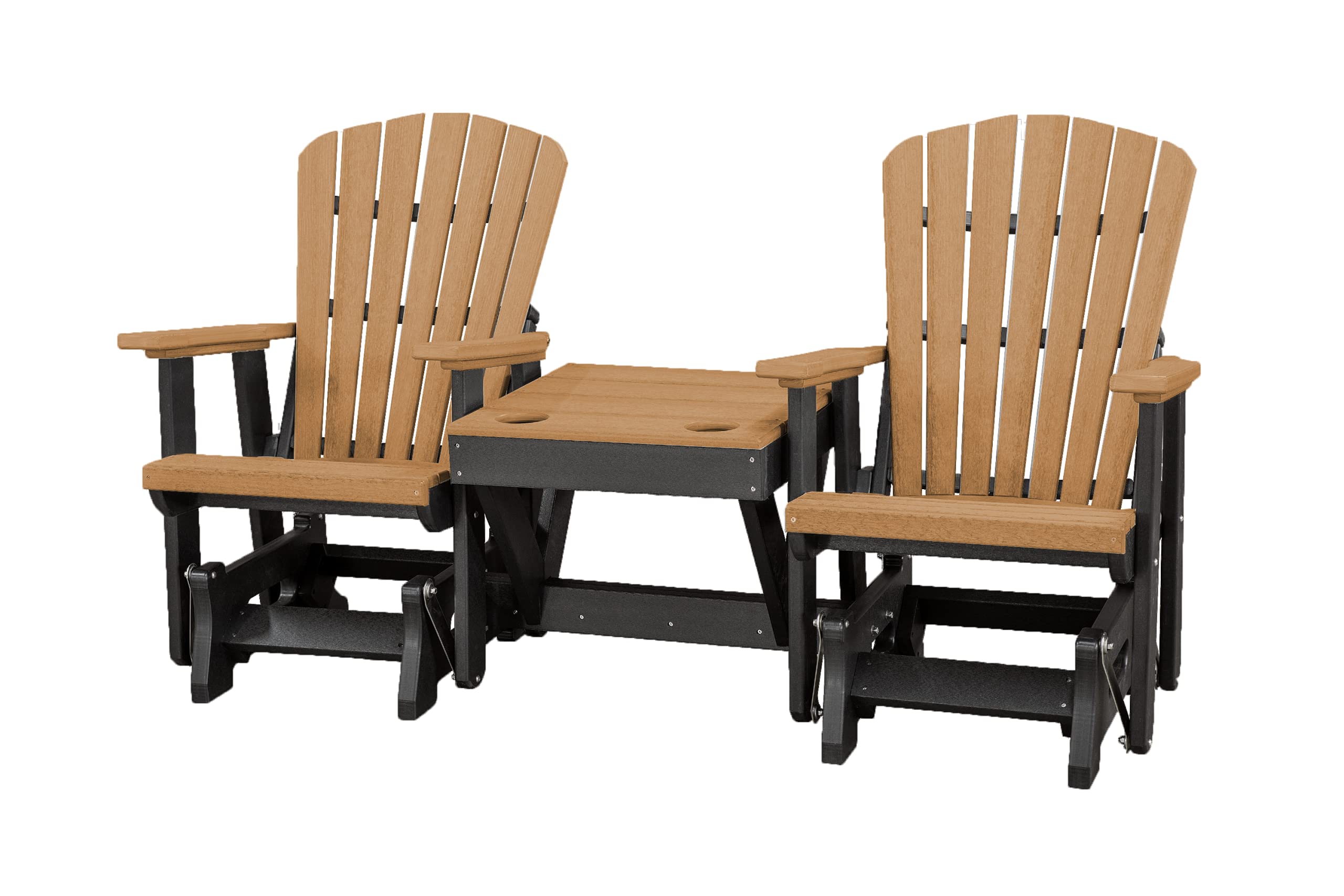 DutchCrafters Slat Fan Back Double Poly Adirondack Glider Outdoor Patio Chairs with Center Table (Black & Cedar)