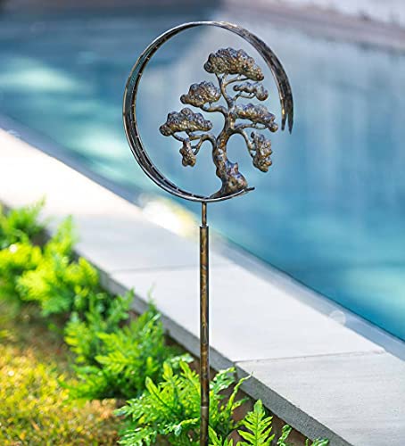 Vivaterra Bonsai Tree Wind Spinner, 63.25" H, Zen Garden Spinner, Recycled Metal Spinner with Outside Metal Sculpture Stake Construction for Patio Lawn & Garden Decoration