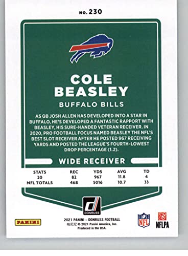 2021 Donruss #230 Cole Beasley Buffalo Bills Official NFL Football Trading Card From Panini America in Raw (NM or Better) Condition