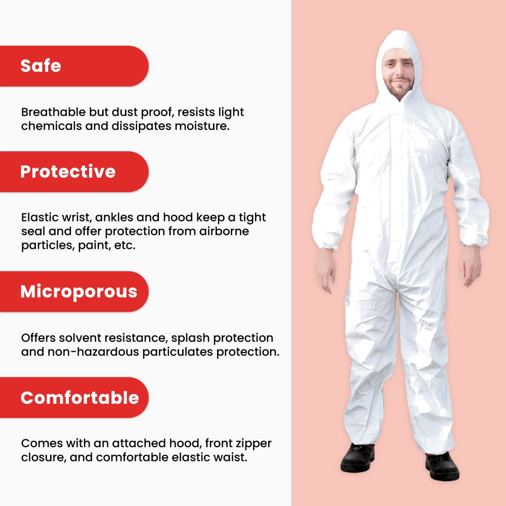 Ever Ready First Aid Disposable Microporous Coated Coverall Suit with Elastic Wrists, Elastic Ankles, Elastic Waist And Hood Unisex Garment Excellent Air Permeability And Water Repellency - Medium