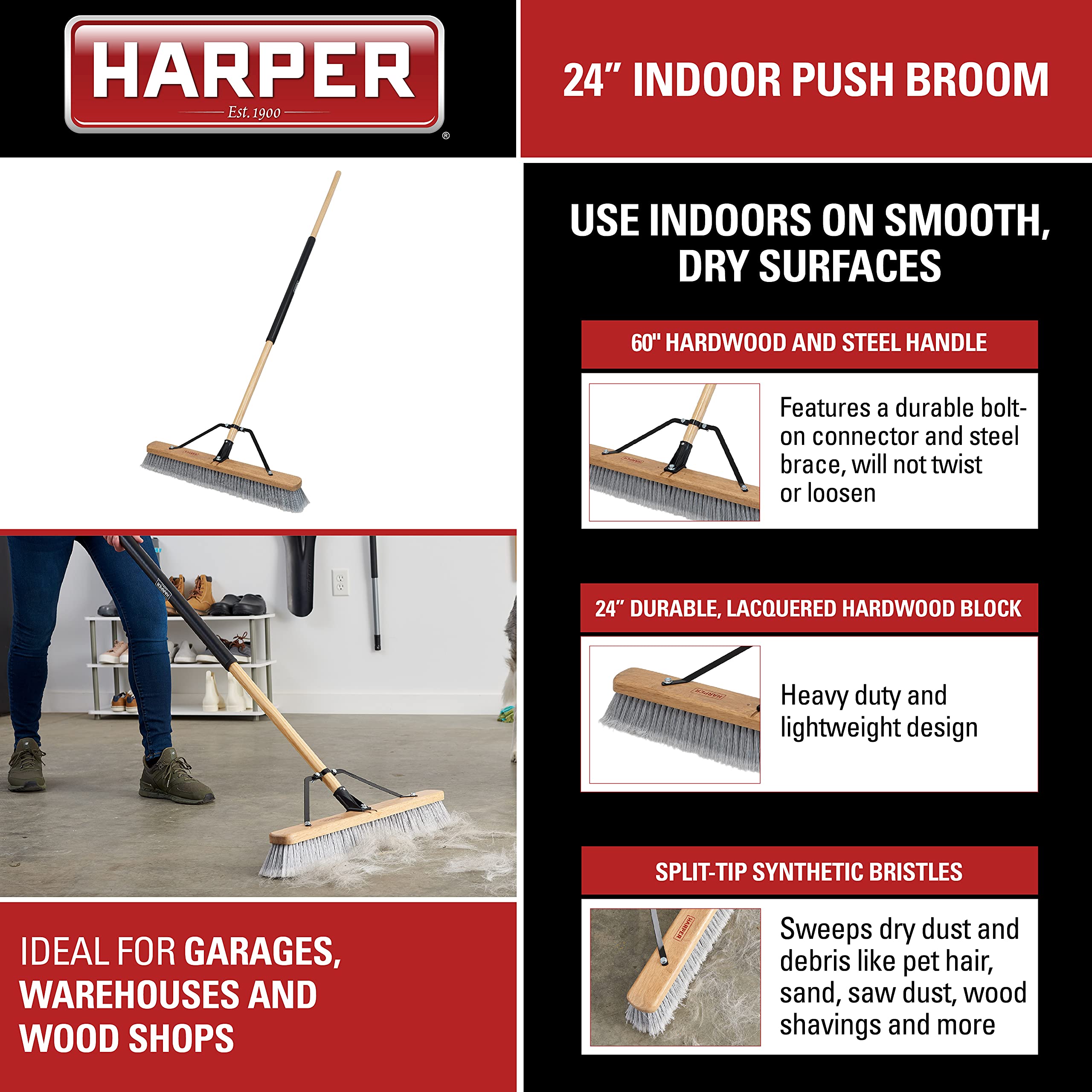 Harper 20201043 24 in. Indoor Smooth-Surface Push Broom with Flagged Bristles, Sand, Saw Dust, Wood Shavings and Pet Hair