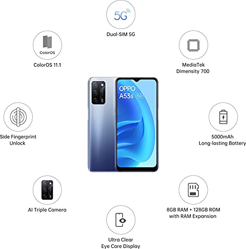 OPPO A53s 5G CPH2321 Dual-SIM 128GB ROM + 6GB RAM (GSM only | No CDMA) Factory Unlocked 5G Smartphone (Crystal Blue) - International Version