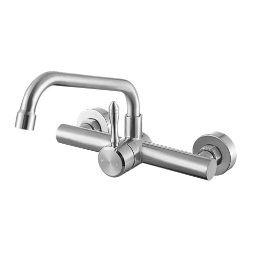 FLWUEUE Wall Mount Kitchen Sink Faucet 7.6-8.4 Inch Center, Commercial Kitchen Sink Faucet, Laundry Utility Sink Faucet, Lead-Free, Spout Reach 9.8"