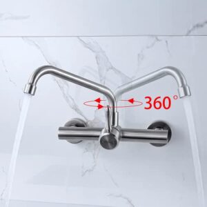 FLWUEUE Wall Mount Kitchen Sink Faucet 7.6-8.4 Inch Center, Commercial Kitchen Sink Faucet, Laundry Utility Sink Faucet, Lead-Free, Spout Reach 9.8"