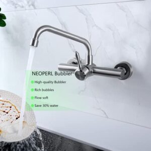 FLWUEUE Wall Mount Kitchen Sink Faucet 7.6-8.4 Inch Center, Commercial Kitchen Sink Faucet, Laundry Utility Sink Faucet, Lead-Free, Spout Reach 9.8"