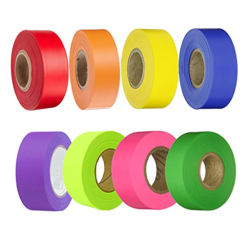 Nucucina 8 Pack Flagging Tape Assorted Colors Non-Adhesive - Multipurpose Neon Marking Surveyors Caution Roll for Boundaries Home Workplace 1.2inches Width, 150' Length