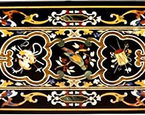 48" X 30" Inch Natural Black Marble Dining Table Pietra Dura Floral Marquetry Patio Table, Outdoor Furniture Table, Italian Style Table