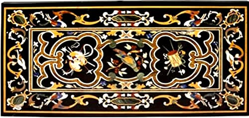 48" X 30" Inch Natural Black Marble Dining Table Pietra Dura Floral Marquetry Patio Table, Outdoor Furniture Table, Italian Style Table