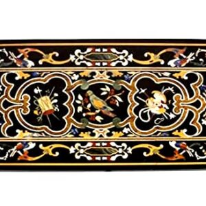 48" X 30" Inch Natural Black Marble Dining Table Pietra Dura Floral Marquetry Patio Table, Outdoor Furniture Table, Italian Style Table