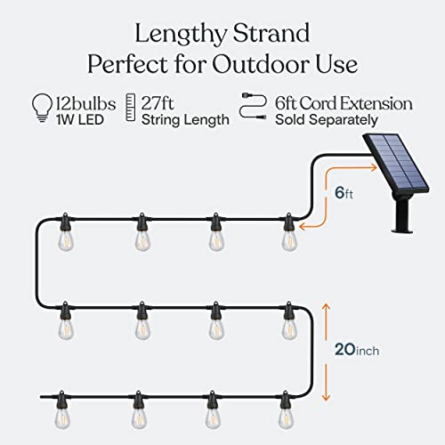 Brightech Ambience Pro – Solar Power Remote Control Outdoor String Lights with Edison Bulbs – 12 Shatterproof, Commercial Grade LED Waterproof Patio Christmas Lights – 1W, 3,000K, Non-Hanging, 27 ft