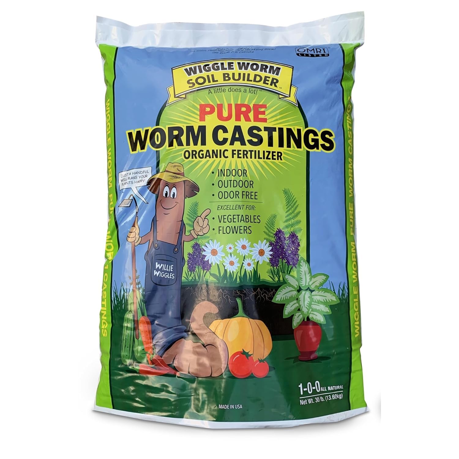 Wiggle Worm 100% Pure Organic Worm Castings, 30 Pounds - Organic Fertilizer for Houseplants, Vegetables, and More – OMRI-Listed Earthworm Castings to Help Improve Soil Fertility and Aeration