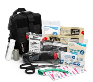 scherber premium ifak kit trauma pack | hsa/fsa approved | fully stocked molle pouch w/cat tourniquet, hyfin chest seal, & israeli bandage | trauma kit for gunshot, bleeding, major wound care (black)