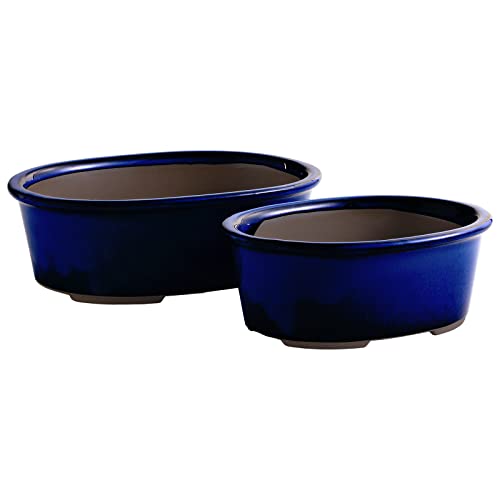 Wazakura Banko Series 2 Pieces Blue Handmade Bonsai Pot Set with Drainage Holes, Made in Japan Ceramic Garden Planter Pack, Glazed Houseplant Bowl - Blue Round 2PC Set