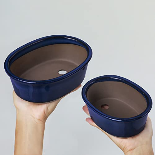 Wazakura Banko Series 2 Pieces Blue Handmade Bonsai Pot Set with Drainage Holes, Made in Japan Ceramic Garden Planter Pack, Glazed Houseplant Bowl - Blue Round 2PC Set