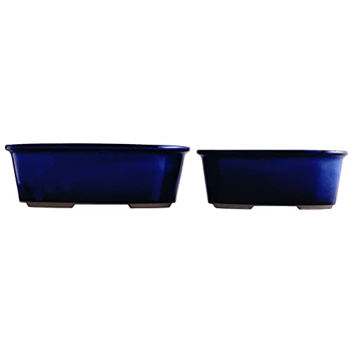 Wazakura Banko Series 2 Pieces Blue Handmade Bonsai Pot Set with Drainage Holes, Made in Japan Ceramic Garden Planter Pack, Glazed Houseplant Bowl - Blue Round 2PC Set
