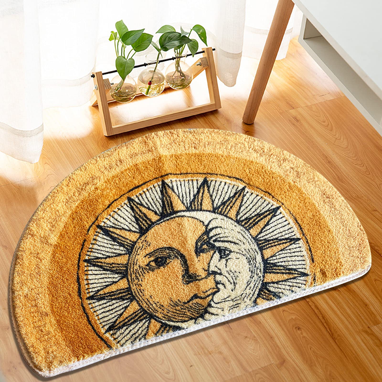 WERGHJ Half Round Door Mat,Semi Circle Bathroom Floor Rug,Tarot Sun Moon Rug,Non-Slip Welcome Entrance Way Rug,Absorbent Bath Mat,Microfiber Tufted Indoor Rug for Kitchen Living Room