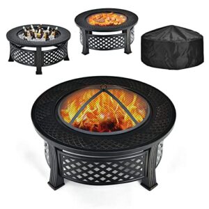 giantex 3 in 1 fire pit, 32" outdoor wood burning fire pit, multifunctional round firepit stove, metal firebowl with cover, portable fire pit for outside heating, bonfire, picnic, grill