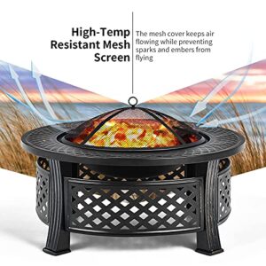 Giantex 3 in 1 Fire Pit, 32" Outdoor Wood Burning Fire Pit, Multifunctional Round Firepit Stove, Metal Firebowl with Cover, Portable Fire Pit for Outside Heating, Bonfire, Picnic, Grill