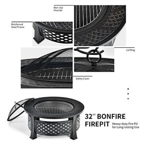 Giantex 3 in 1 Fire Pit, 32" Outdoor Wood Burning Fire Pit, Multifunctional Round Firepit Stove, Metal Firebowl with Cover, Portable Fire Pit for Outside Heating, Bonfire, Picnic, Grill