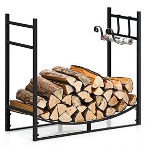 goplus firewood rack, 33” heavy duty metal wood log holder with removable kindling holder,quick set-up, wood storage stacker, fireplace log stand organizer for indoor & outdoor use