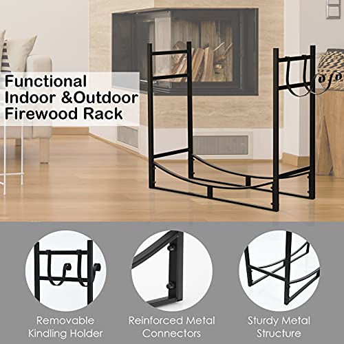 Goplus Firewood Rack, 33” Heavy Duty Metal Wood Log Holder with Removable Kindling Holder,Quick Set-up, Wood Storage Stacker, Fireplace Log Stand Organizer for Indoor & Outdoor Use