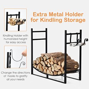 Goplus Firewood Rack, 33” Heavy Duty Metal Wood Log Holder with Removable Kindling Holder,Quick Set-up, Wood Storage Stacker, Fireplace Log Stand Organizer for Indoor & Outdoor Use