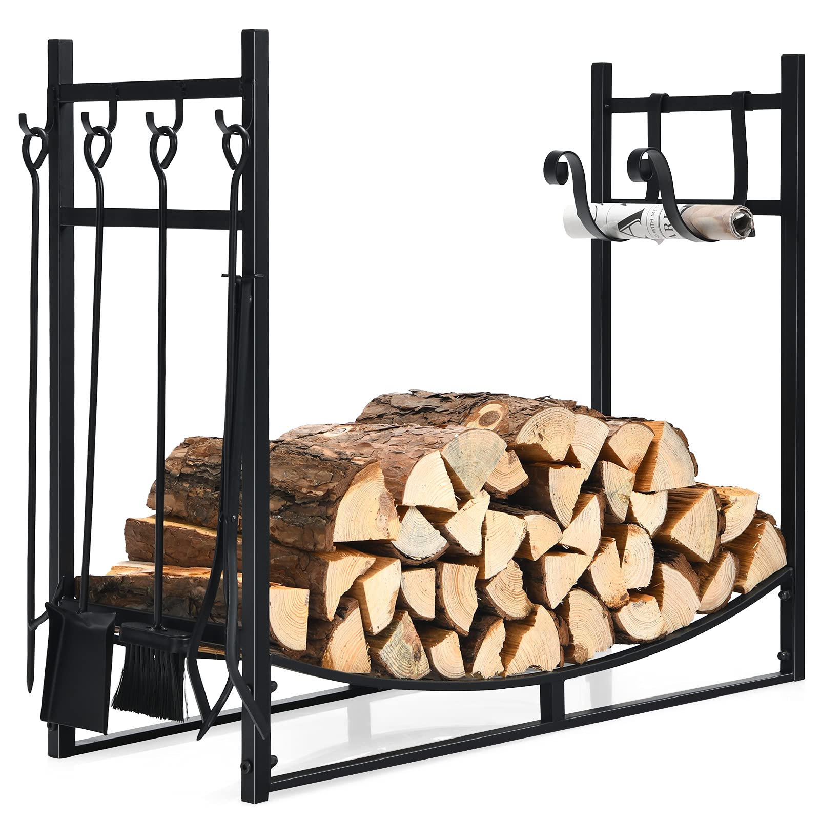 Goplus Firewood Rack with Tool Set, 36” Fireplace Log Holder W/Kindling Holders, Shovel, Poker, Tongs, Brush, Indoor & Outdoor Wood Stacker Lumbar Storage Organizer for Wood Stove, Fireside, Fire Pit