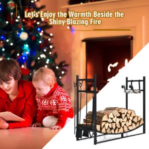 Goplus Firewood Rack with Tool Set, 36” Fireplace Log Holder W/Kindling Holders, Shovel, Poker, Tongs, Brush, Indoor & Outdoor Wood Stacker Lumbar Storage Organizer for Wood Stove, Fireside, Fire Pit