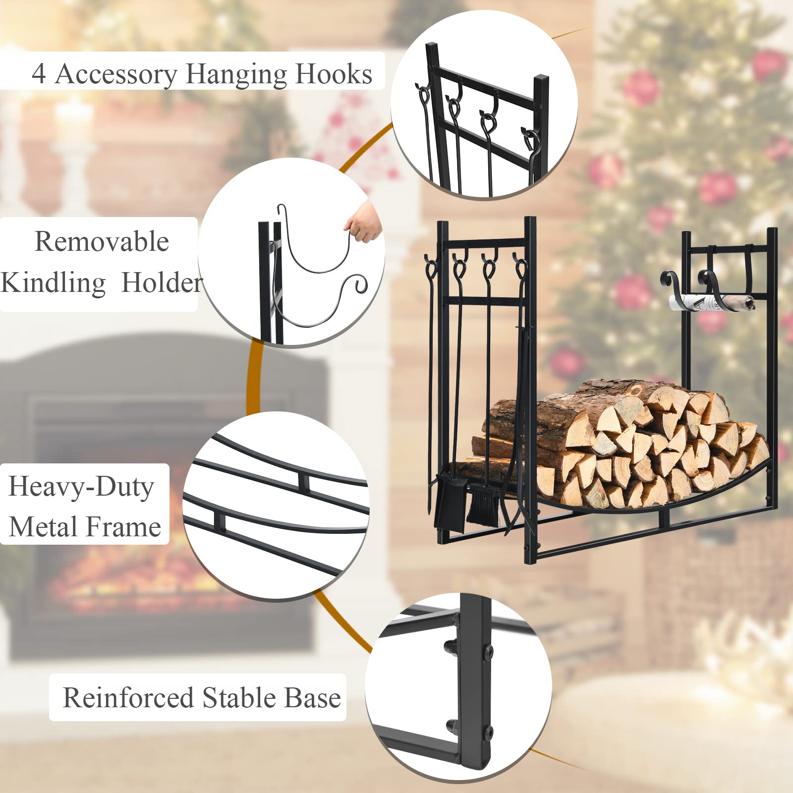 Goplus Firewood Rack with Tool Set, 36” Fireplace Log Holder W/Kindling Holders, Shovel, Poker, Tongs, Brush, Indoor & Outdoor Wood Stacker Lumbar Storage Organizer for Wood Stove, Fireside, Fire Pit