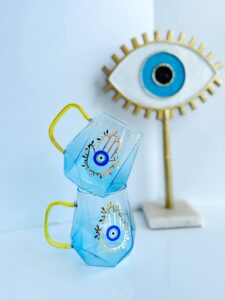 evil eye design hamsa hand latte mug espresso mug blue gold mug glass mug