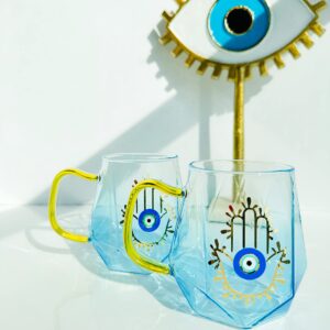 Evil Eye Design Hamsa Hand Latte Mug Espresso Mug Blue Gold Mug Glass Mug