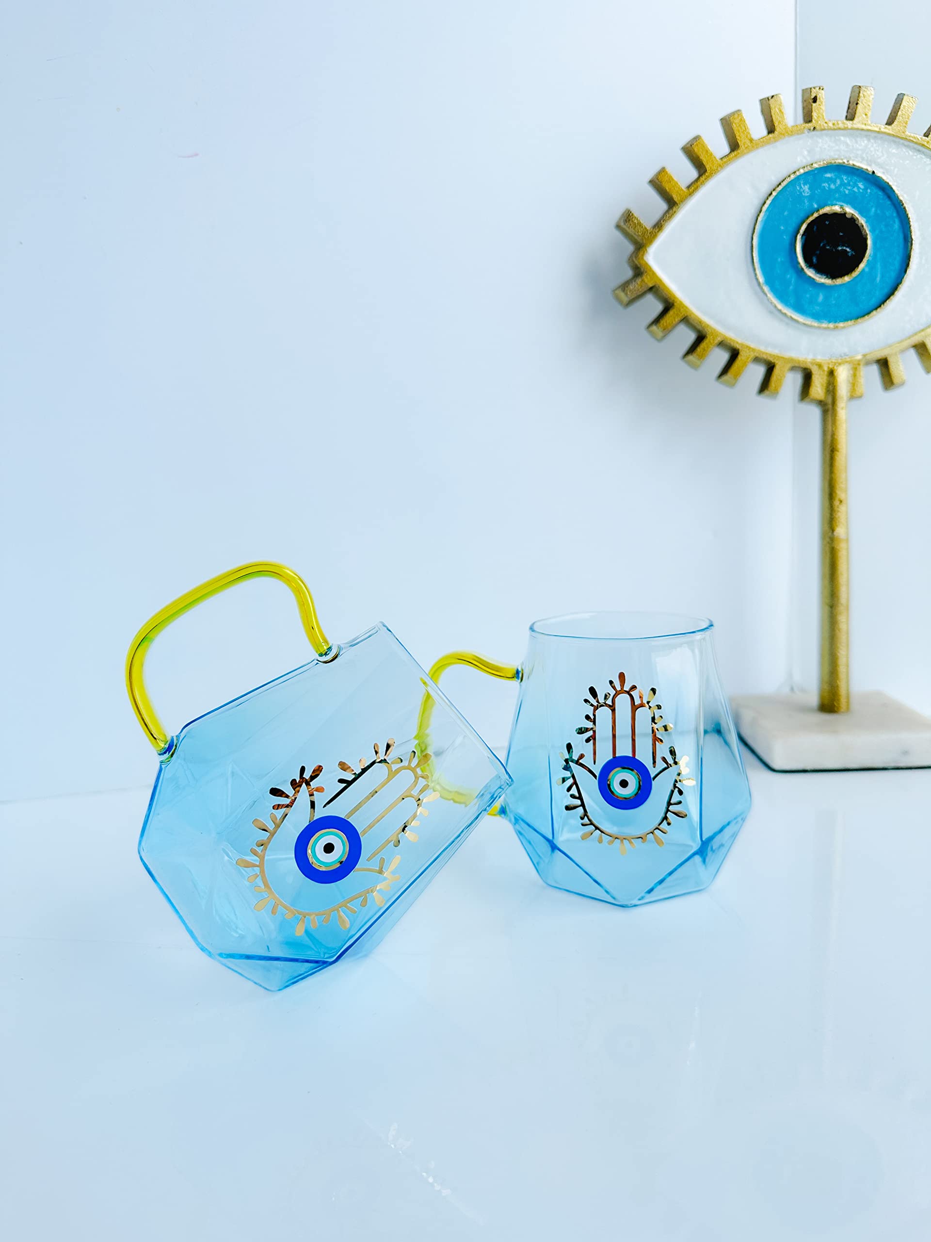 Evil Eye Design Hamsa Hand Latte Mug Espresso Mug Blue Gold Mug Glass Mug